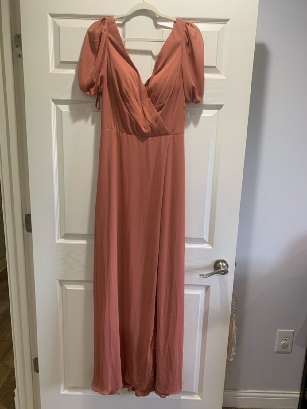 Dusty Rose Puff-Sleeve Maxi Dress with Wrap Bodice